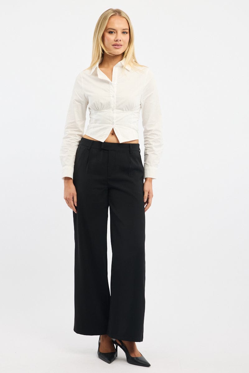 White Fitted Shirt Long Sleeve Collared Shirred Back