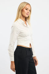 White Fitted Shirt Long Sleeve Collared Shirred Back