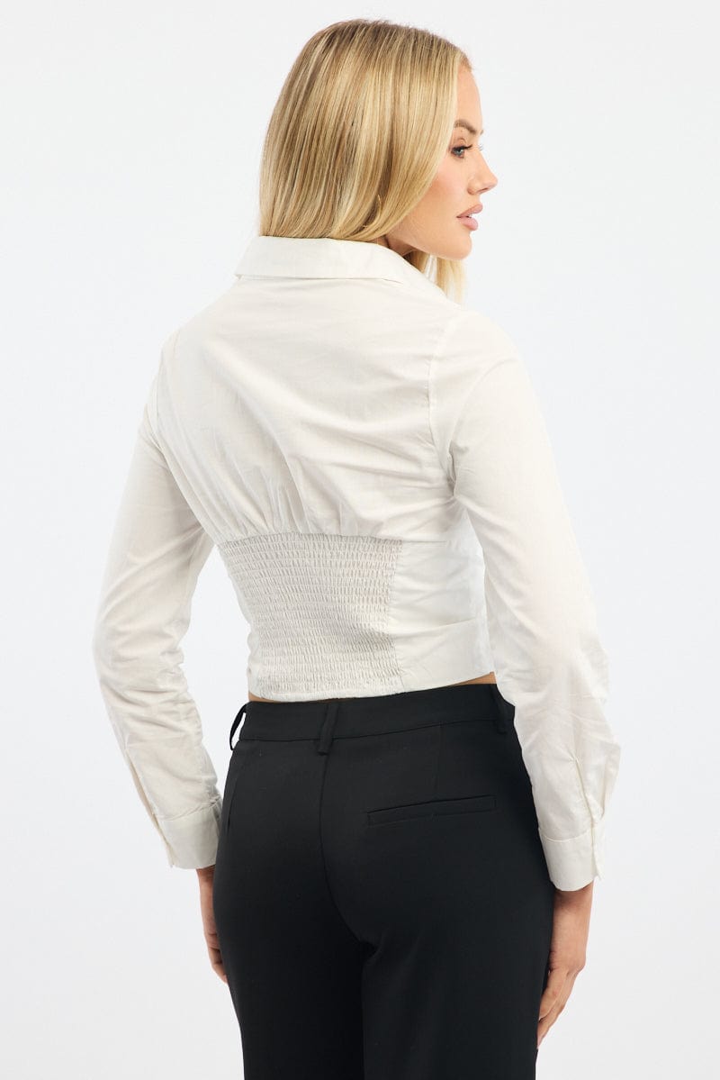 White Fitted Shirt Long Sleeve Collared Shirred Back