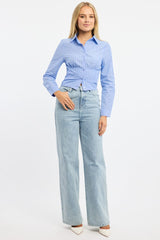 Blue Stripe Fitted Shirt Long Sleeve Collared Shirred Back