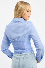 Blue Stripe Fitted Shirt Long Sleeve Collared Shirred Back