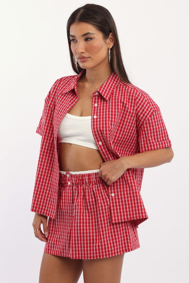 Red Check Short Sleeve Shirt Button Up