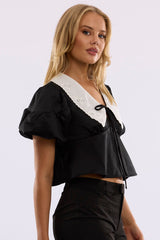 Black Babydoll Top Short Sleeve Collared Satin