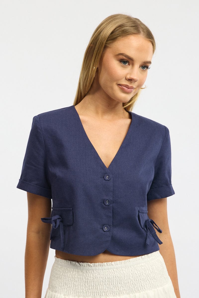 Blue Tailored Button Up Top