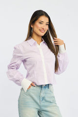 Purple Shirt Long Sleeve Collared Shirred Button Up