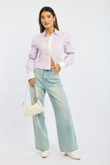 Purple Shirt Long Sleeve Collared Shirred Button Up
