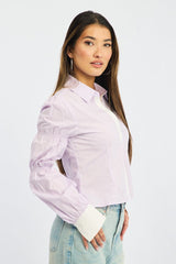 Purple Shirt Long Sleeve Collared Shirred Button Up