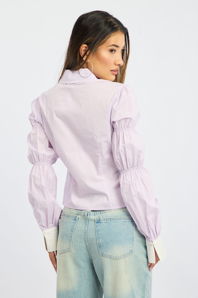 Purple Shirt Long Sleeve Collared Shirred Button Up