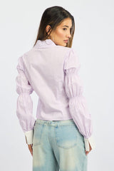 Purple Shirt Long Sleeve Collared Shirred Button Up
