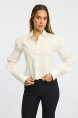 White Shirt Long Sleeve Collared Shirred Button Up