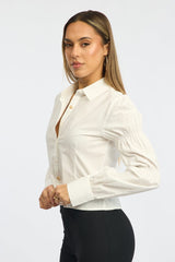 White Shirt Long Sleeve Collared Shirred Button Up