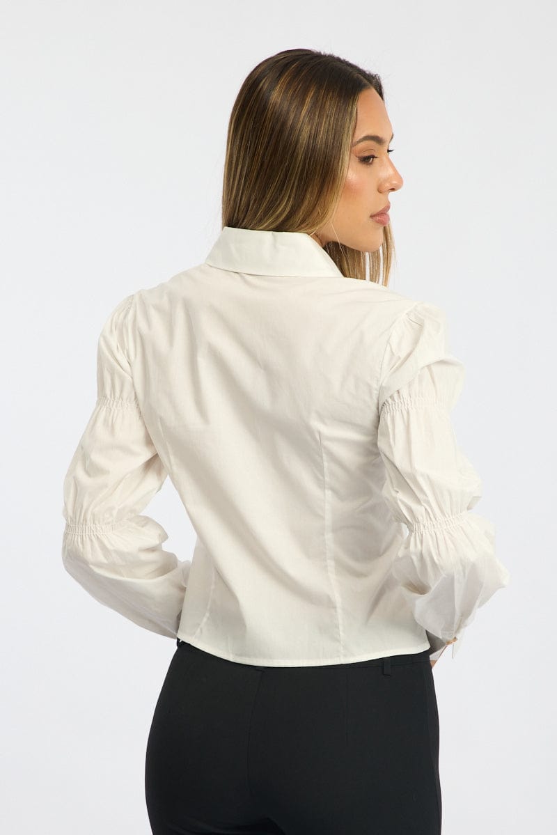 White Shirt Long Sleeve Collared Shirred Button Up