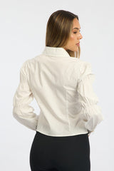 White Shirt Long Sleeve Collared Shirred Button Up