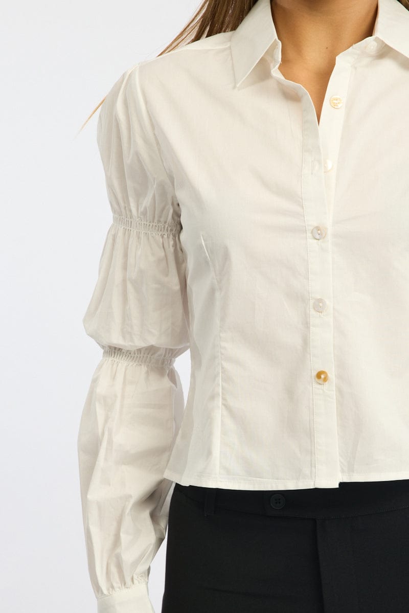 White Shirt Long Sleeve Collared Shirred Button Up