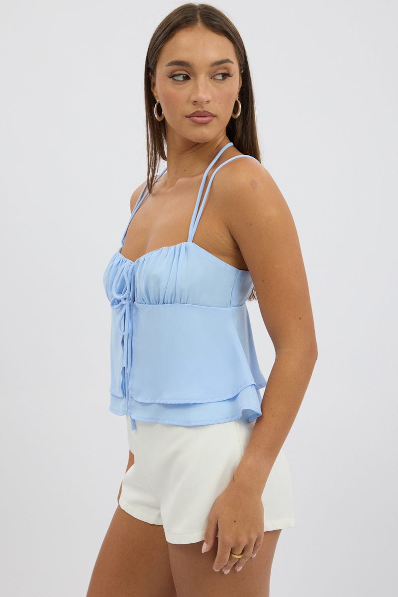 Blue Tie Front Cami Halter Neck Sleeveless