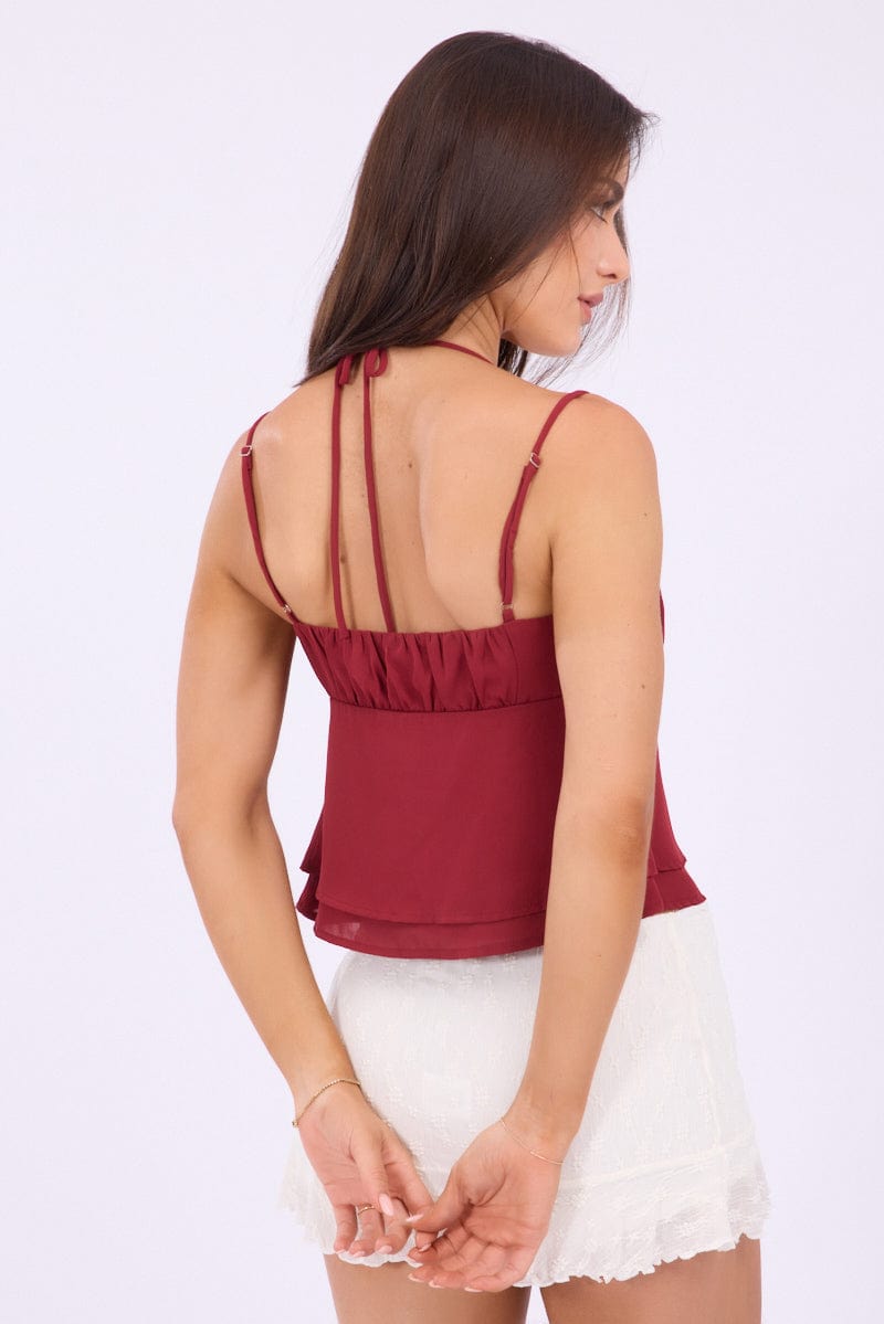 Red Tie Front Cami Halter Neck Sleeveless