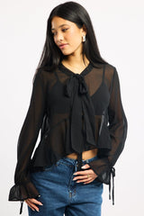 Black Sheer Blouse Tie Neck Long Sleeve Ruffles