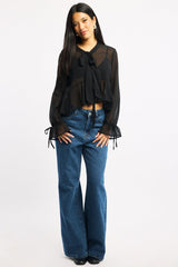 Black Sheer Blouse Tie Neck Long Sleeve Ruffles