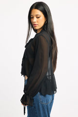 Black Sheer Blouse Tie Neck Long Sleeve Ruffles