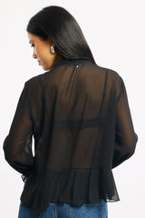 Black Sheer Blouse Tie Neck Long Sleeve Ruffles
