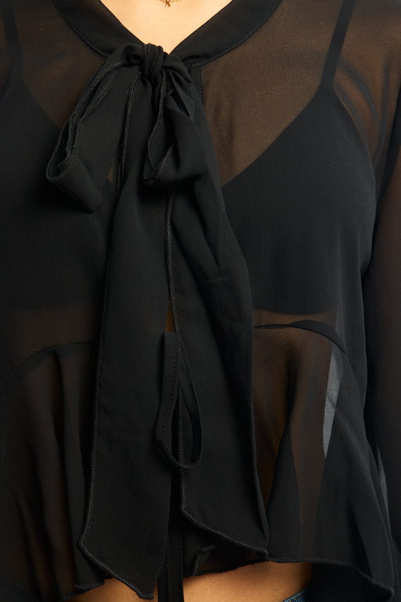 Black Sheer Blouse Tie Neck Long Sleeve Ruffles