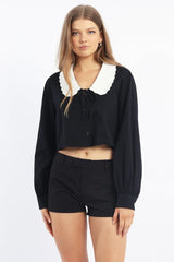 Black Shirt Long Sleeve Peter Pan Collar Button Up
