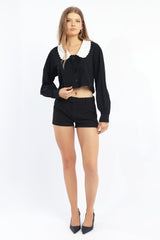Black Shirt Long Sleeve Peter Pan Collar Button Up