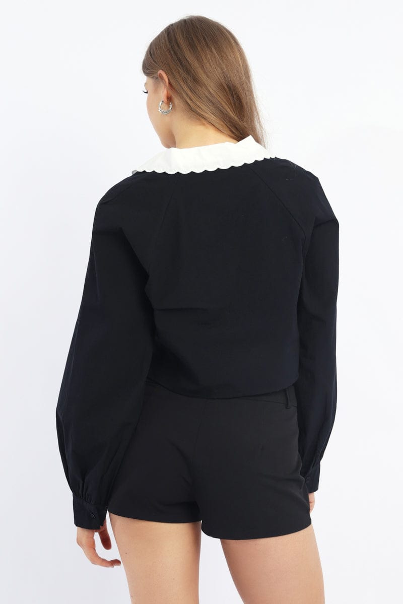 Black Shirt Long Sleeve Peter Pan Collar Button Up