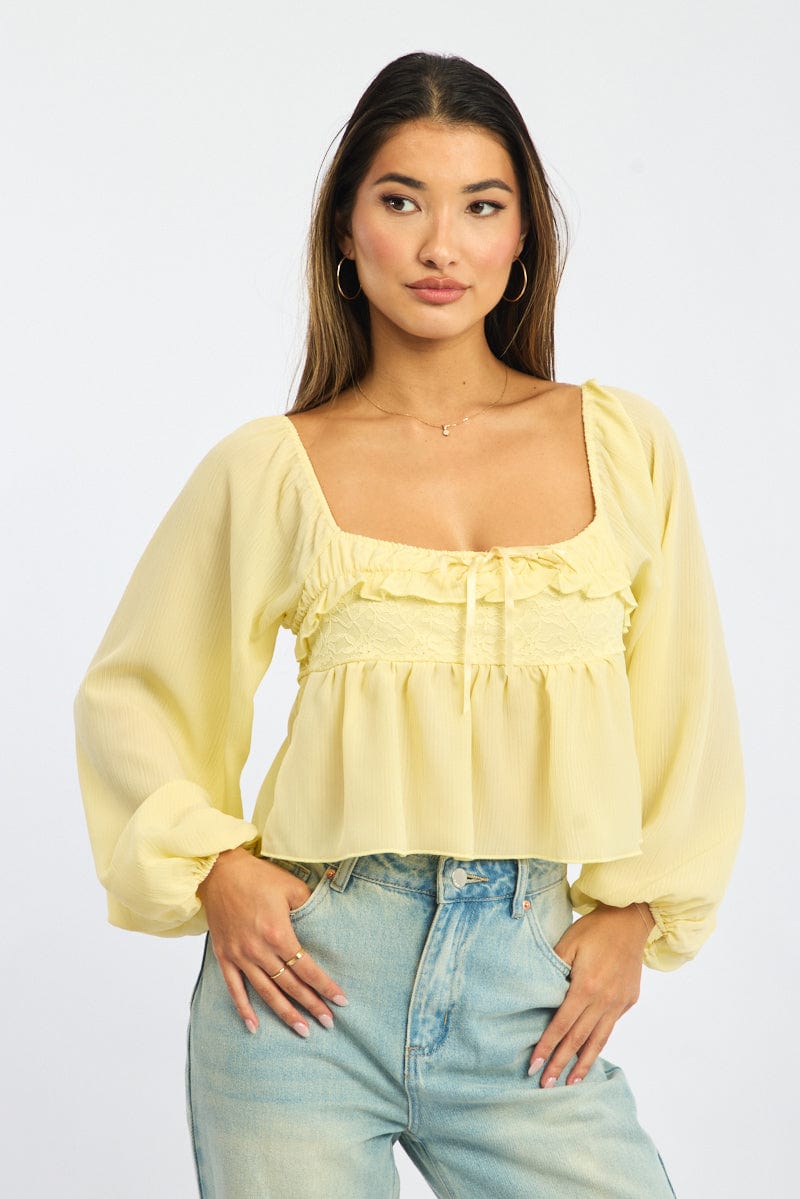 Yellow Lace Frill Top Long Sleeve Square Neck