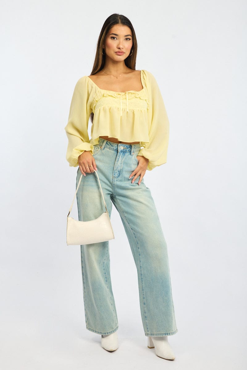 Yellow Lace Frill Top Long Sleeve Square Neck