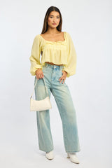 Yellow Lace Frill Top Long Sleeve Square Neck