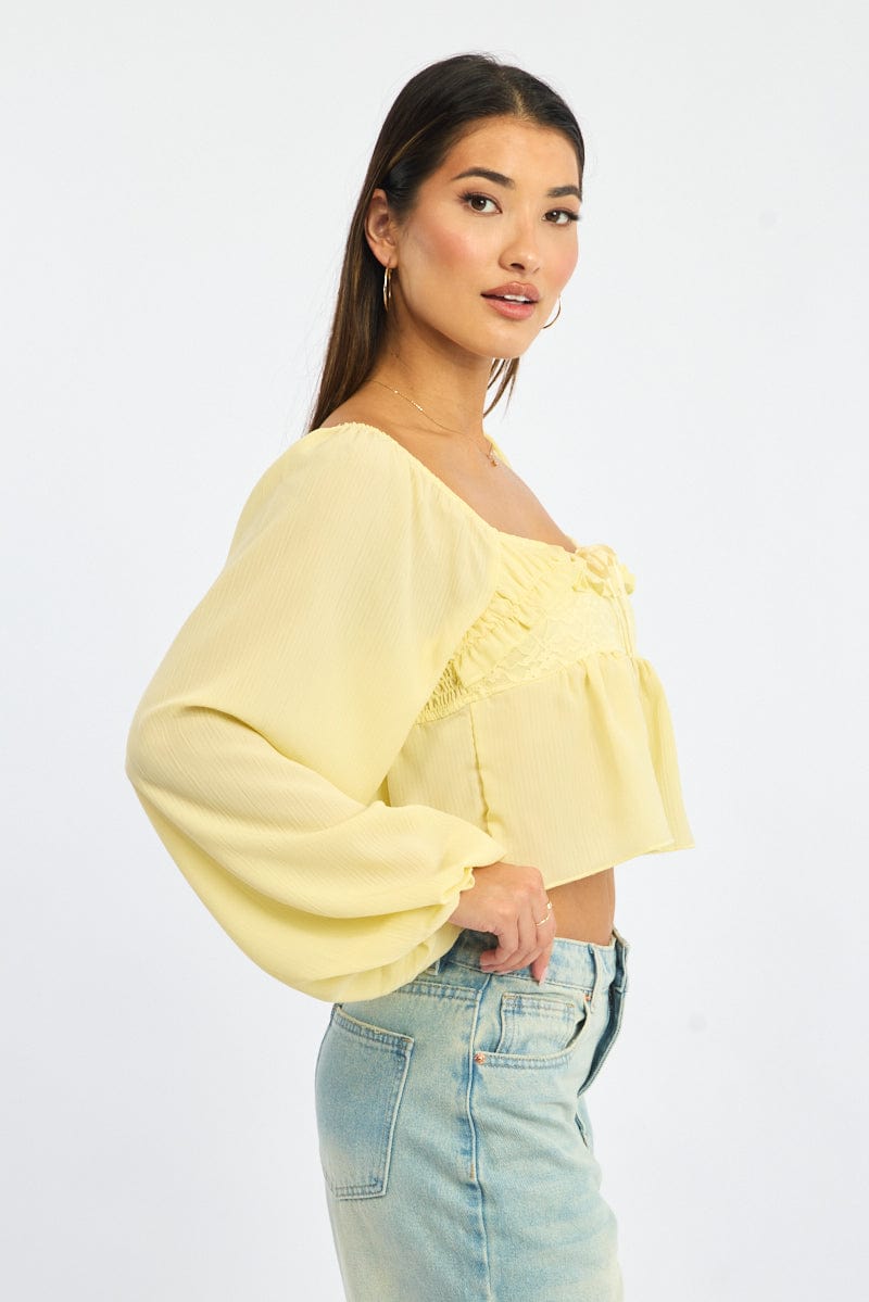 Yellow Lace Frill Top Long Sleeve Square Neck
