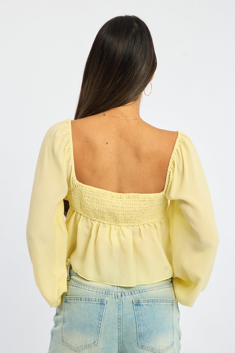 Yellow Lace Frill Top Long Sleeve Square Neck