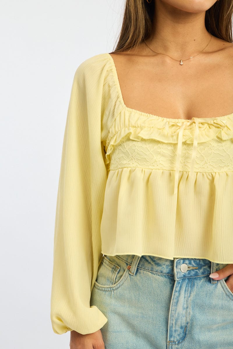 Yellow Lace Frill Top Long Sleeve Square Neck