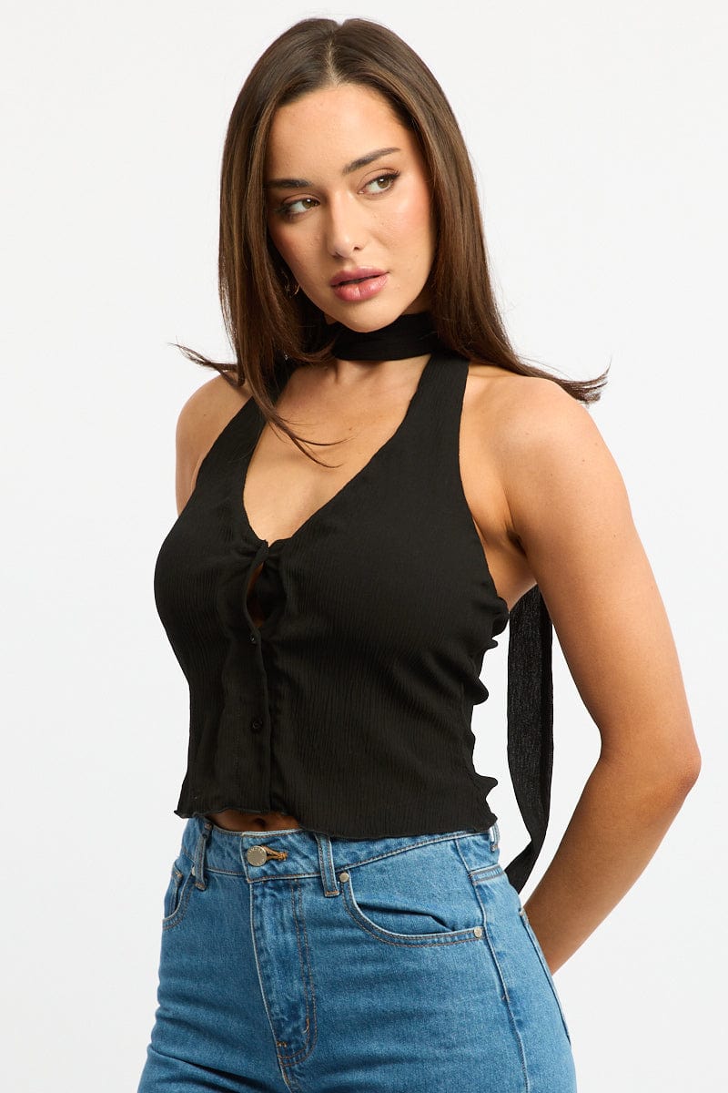 Black Scarf Top Sleeveless Halter Plisse Vest Detail