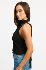 Black Scarf Top Sleeveless Halter Plisse Vest Detail