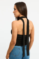 Black Scarf Top Sleeveless Halter Plisse Vest Detail