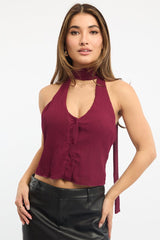 Red Scarf Top Sleeveless Halter Plisse Vest Detail