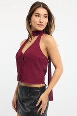 Red Scarf Top Sleeveless Halter Plisse Vest Detail