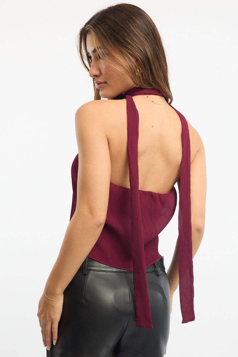 Red Scarf Top Sleeveless Halter Plisse Vest Detail