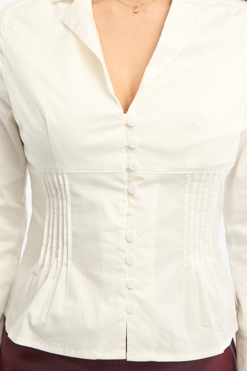 White Long Sleeve Shirt Lapel Collar Button Up