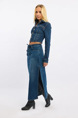 Denim Fitted Shacket Button Front Stud Details