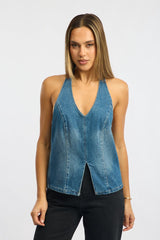 Denim Halter Top Sleeveless Tie Back
