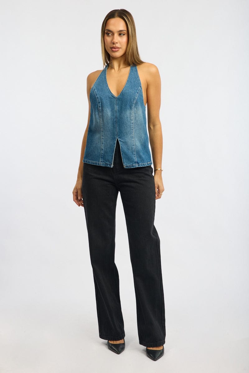 Denim Halter Top Sleeveless Tie Back