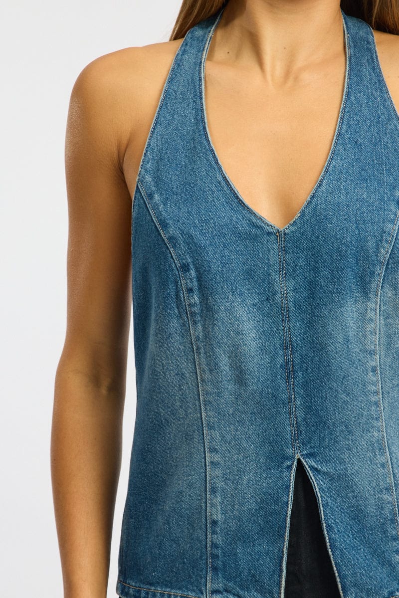 Denim Halter Top Sleeveless Tie Back