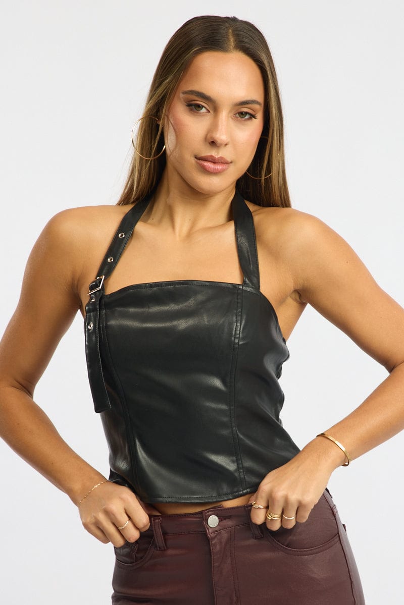 Black Pu Top Halter Neck Belt Detail Faux Leather