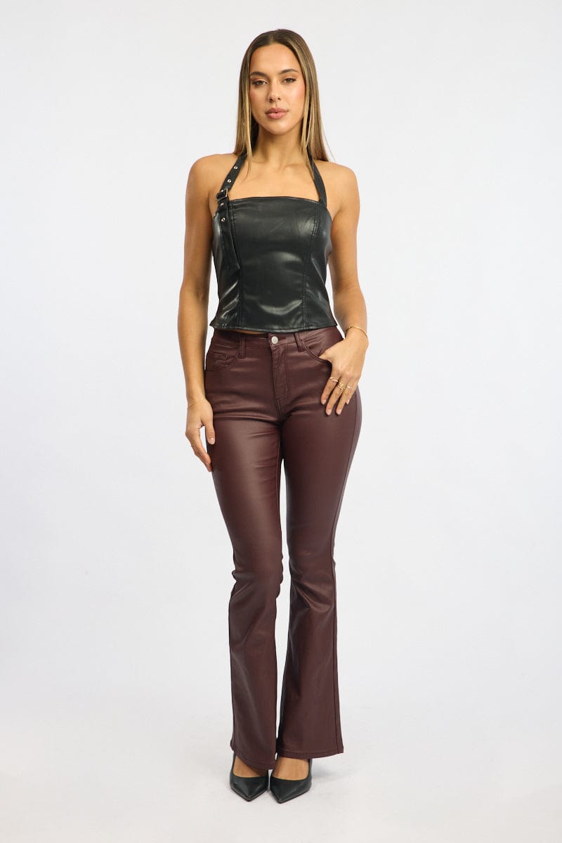 Black Pu Top Halter Neck Belt Detail Faux Leather