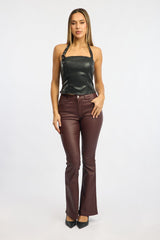 Black Pu Top Halter Neck Belt Detail Faux Leather