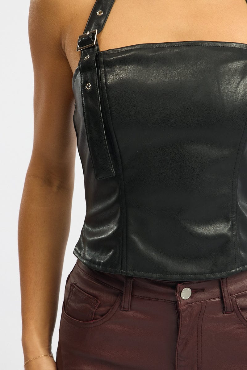 Black Pu Top Halter Neck Belt Detail Faux Leather