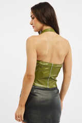 Green Pu Top Halter Neck Belt Detail Faux Leather